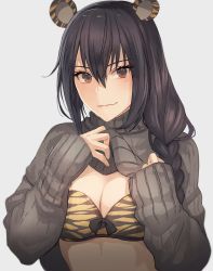 Rule 34 | 1girl, animal ears, animal print, black bow, black hair, bow, bow bra, bra, braid, braided ponytail, breasts, brown eyes, closed mouth, clothes lift, commentary, eyelashes, grey background, grey sweater, hair between eyes, hands up, highres, kantai collection, kasumi (skchkko), lifted by self, long hair, long sleeves, looking at viewer, nagato (kancolle), simple background, sleeves past wrists, smirk, solo, sweater, sweater lift, tiger ears, tiger print, underwear, upper body, yellow bra