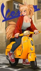 Rule 34 | 1girl, absurdres, animal ears, blue pants, breasts, brown hair, cardigan, cleavage, collarbone, denim, earclip, facial mark, fingernails, fox ears, fox tail, green eyes, grey tank top, highres, jeans, large breasts, long hair, looking to the side, motor vehicle, multiple tails, no bra, on scooter, open cardigan, open clothes, original, pants, pants rolled up, ponytail, product placement, red cardigan, red footwear, rifleman1130, scooter, shoes, sneakers, solo, tail, tank top, vespa