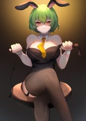 Rule 34 | 1girl, alternate costume, animal ears, bare shoulders, black leotard, breasts, brown background, brown thighhighs, cleavage, crossed legs, detached collar, eyebrows hidden by hair, feet out of frame, garter straps, gradient background, green hair, grin, hair between eyes, highres, holding, holding whip, kazami yuuka, large breasts, leotard, looking at viewer, majime joe, necktie, rabbit ears, red eyes, short hair, simple background, sitting, smile, solo, thighhighs, touhou, wing collar, wrist cuffs, yellow necktie