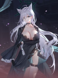 Rule 34 | 1girl, absurdres, animal ears, arm under breasts, artist name, black choker, black gloves, black panties, blue archive, blue eyes, breasts, choker, cleavage, collarbone, cross hair ornament, gloves, hair between eyes, hair ornament, halo, highres, large breasts, long hair, long sleeves, looking at viewer, panties, parted lips, shiroko (blue archive), shiroko terror (blue archive), solo, standing, swd3e2, thigh strap, thighs, underwear, white hair, wide sleeves