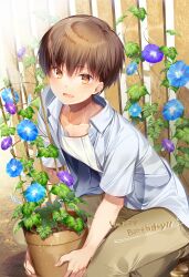 Rule 34 | 1boy, :d, blue flower, blush, brown eyes, brown hair, brown pants, casual, chi no, collarbone, commentary, day, dress shirt, english commentary, eyelashes, feet out of frame, flower, flower pot, garden, hair between eyes, happy, happy birthday, highres, holding, holding flower pot, kneeling, leaf, looking at viewer, open clothes, open mouth, open shirt, outdoors, pants, plant, potted plant, purple flower, shirt, short sleeves, smile, solo, summer pockets, takahara hairi, white shirt