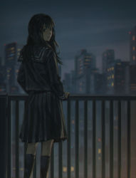 Rule 34 | 1girl, black eyes, black hair, blurry, blurry background, city lights, cityscape, dark, expressionless, feet out of frame, fence, from behind, highres, long hair, long sleeves, looking back, night, night sky, original, pleated skirt, sailor collar, shirt, skirt, sky, socks, solo, tan haipeng