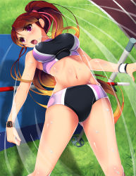Rule 34 | 1girl, bad id, bad pixiv id, breasts, brown hair, grass, hair ribbon, halterneck, high jump, koflif, large breasts, long hair, midriff, navel, open mouth, original, ponytail, purple eyes, ribbon, running track, solo, sports bikini, taut clothes, thighs, track and field, track uniform, watch, wristband, wristwatch