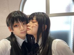 Rule 34 | 2girls, absurdres, asian, black hair, brown eyes, chainsaw man, cheek-to-cheek, cosplay, cosplay request, heads together, highres, low twintails, mitaka asa, multiple girls, photo (medium), scar, scar on face, school uniform, smile, twintails, yoru (chainsaw man)
