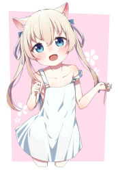 Rule 34 | 1girl, :d, absurdres, animal ear fluff, animal ears, bare arms, bare shoulders, blue bow, blue eyes, blush, bow, collarbone, commentary request, cropped legs, dress, fang, floral background, hair between eyes, hair bow, hair rings, hands up, highres, light brown hair, long hair, looking at viewer, okota mikan, open mouth, original, pink background, see-through, sleeveless, sleeveless dress, smile, solo, strap slip, twintails, two-tone background, very long hair, white background, white dress