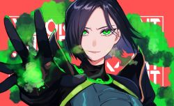 Rule 34 | 1girl, absurdres, animification, black hair, bodysuit, commentary request, eyeshadow, floating hair, green bodysuit, green eyes, grey eyeshadow, hair behind ear, highres, looking at viewer, makeup, open hand, parted lips, portrait, red background, shirasu uni, short hair, smirk, smoke, solo, valorant, viper (valorant)