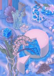 Rule 34 | blue theme, bottle, candle, clam, cup, drinking glass, flower, food, fruit, gem, glass, grapes, highres, jar, leaf, mongmongmong, no humans, original, pearl (gemstone), pink flower, plate, sparkle