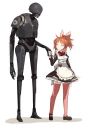 Rule 34 | 10s, 1girl, abe nana, apron, artist request, blush, brown hair, commentary request, closed eyes, full body, holding hands, heart, idolmaster, idolmaster cinderella girls, insignia, k-2so, long hair, maid, maid apron, ponytail, robot, rogue one: a star wars story, science fiction, smile, star wars