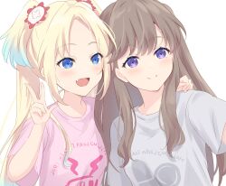 Rule 34 | 2girls, :d, absurdres, arm at side, blonde hair, blue eyes, blue hair, blush, brown hair, closed mouth, fang, flower, fujishima megumi, gradient hair, grey shirt, hair flower, hair ornament, hand on another&#039;s shoulder, highres, kan kanna, light blue hair, link! like! love live!, long hair, love live!, mira-cra park!, multicolored hair, multiple girls, open mouth, osawa rurino, parted bangs, pink shirt, print shirt, purple eyes, red flower, selfie, shirt, simple background, skin fang, smile, split mouth, t-shirt, tsukine kona, twintails, two side up, voice actor, w, white background, white flower, yutuki ame
