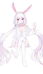 Rule 34 | 1girl, absurdres, animal ears, avant garde (artist), bad id, bad pixiv id, blush, collarbone, commentary request, female focus, flat chest, full body, hair ornament, highres, long hair, long sleeves, looking at viewer, off-shoulder shirt, off shoulder, original, purple eyes, rabbit ears, shirt, simple background, sitting, smile, solo, thighhighs, twintails, very long hair, white background, white hair, white shirt, white thighhighs