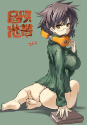 Rule 34 | 1girl, ass, bad feet, beats by dr. dre, book, bottomless, breasts, brown eyes, brown hair, glasses, headphones, highres, large breasts, original, short hair, sitting, solo, sweater, tokita monta, turtleneck