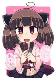 Rule 34 | 1girl, ahoge, blush, border, brown hair, candy, cowboy shot, food, hands up, headgear, highres, holding, holding candy, holding food, ino (tellu0120), japanese clothes, kimono, kinoko no yama, long sleeves, looking at viewer, medium hair, miniskirt, obi, obijime, open mouth, outside border, pink background, pink kimono, pleated skirt, purple skirt, red eyes, sash, short kimono, simple background, skirt, smile, solo, speech bubble, touhoku kiritan, translation request, twintails, voiceroid, white border, wide sleeves