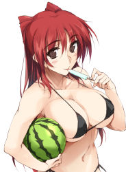 Rule 34 | 1girl, bikini, black bikini, blush, breasts, brown eyes, food, fruit, holding, kousaka tamaki, large breasts, licking, long hair, navel, popsicle, red hair, simple background, solo, swimsuit, to heart (series), to heart 2, tongue, tongue out, two side up, watermelon, white background, zekkyon
