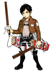 Rule 34 | 1boy, belt, black hair, boots, cropped jacket, eren yeager, food, food-themed clothes, food in mouth, full body, green eyes, jacket, knee boots, long sleeves, looking at viewer, male focus, okada (hoooojicha), pocky, shingeki no kyojin, short hair, snack, standing, thigh strap, three-dimensional maneuver gear, white background