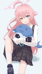 Rule 34 | 1girl, absurdres, ahoge, black footwear, black gloves, black skirt, blue archive, blue eyes, blue necktie, commentary request, fingerless gloves, foot out of frame, gloves, grey background, hair between eyes, hair flaps, halo, heterochromia, highres, hoshino (blue archive), hugging doll, hugging object, long hair, long sleeves, necktie, open mouth, pink hair, pink halo, plaid, plaid skirt, puffy long sleeves, puffy sleeves, shadow, shirt, shoulder strap, simple background, skirt, smile, socks, stuffed animal, stuffed toy, stuffed whale, sugarplus, white shirt, white socks, yellow eyes