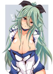 Rule 34 | akebono (kancolle), akebono (kancolle) (cosplay), arms under breasts, bow, breast focus, breasts, cleavage, cosplay, green eyes, green hair, hair between eyes, hair bow, hair flaps, hair ornament, hairclip, highres, kanbayashi chiko, kantai collection, large breasts, long hair, parted lips, ponytail, race queen, square, white background, yamakaze (kancolle)