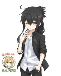 Rule 34 | 2girls, ;o, abukuma (kancolle), alternate costume, alternate hairstyle, black gloves, black hair, black jacket, black pants, blonde hair, blue eyes, brown eyes, collared shirt, commentary request, double bun, finger in pants, folded ponytail, gakuran, gloves, hair rings, hatsushimo (kancolle), highres, jacket, kantai collection, long hair, looking at viewer, multiple girls, one eye closed, open clothes, open jacket, pants, partially fingerless gloves, school uniform, serafuku, shirt, sidelocks, simple background, solo focus, translation request, umino ht, white background, white shirt