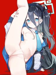 Rule 34 | 1girl, absurdres, aris (blue archive), bikini, black hair, blue archive, blue eyes, blue necktie, blush, breasts, censored, closed mouth, commentary request, cowboy shot, detached collar, hair between eyes, halo, highres, jacket, leg lift, leg up, long bangs, long hair, looking at viewer, micro bikini, mosaic censoring, necktie, open clothes, open jacket, red background, simple background, small breasts, smile, solo, split, standing, standing on one leg, standing split, swimsuit, teranekosu, variant set, very long hair, white bikini
