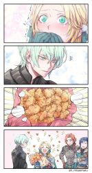 Rule 34 | 1girl, 3boys, armor, black hair, blonde hair, byleth (fire emblem), byleth (male) (fire emblem), chicken (food), closed eyes, closed mouth, comic, covering own mouth, crossed arms, crying, doyagao, felix hugo fraldarius, fire emblem, fire emblem: three houses, food, food request, fried chicken, gloves, green eyes, green gloves, green hair, heart, holding, ingrid brandl galatea, karaage, long sleeves, meat, multiple boys, nintendo, open mouth, red hair, short hair, smile, smug, surprised, sylvain jose gautier, t misaomaru, twitter username