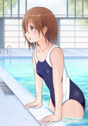 Rule 34 | 1girl, 3535mb, blue one-piece swimsuit, breasts, brown eyes, brown hair, collarbone, competition swimsuit, cowboy shot, female focus, from side, misaka mikoto, multicolored clothes, multicolored one-piece swimsuit, multicolored swimsuit, one-piece swimsuit, open mouth, partially submerged, pool, poolside, school swimsuit, short hair, sideways mouth, small breasts, solo, swimsuit, toaru kagaku no railgun, toaru majutsu no index, tokiwadai school swimsuit, wet