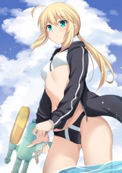 Rule 34 | 1girl, ahoge, artoria pendragon (fate), artoria pendragon (swimsuit archer) (fate), artoria pendragon (swimsuit archer) (second ascension) (fate), bikini, black bikini, black jacket, blonde hair, cross (crossryou), day, fate/grand order, fate (series), groin, highres, holding, holding water gun, hood, hooded jacket, jacket, long sleeves, looking at viewer, navel, open clothes, open jacket, outdoors, ponytail, solo, swimsuit, wading, water gun, white bikini
