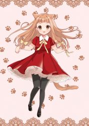 Rule 34 | 1girl, animal ears, bow, brown eyes, brown hair, cat day, cat ears, cat tail, dress, hair bow, highres, ichihara nina, idolmaster, idolmaster cinderella girls, idolmaster cinderella girls starlight stage, long hair, looking at viewer, paw print background, paw print, rino cnc, smile, solo, tail