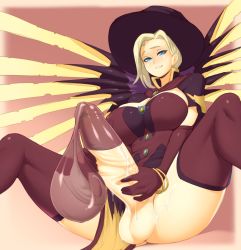 Rule 34 | 1futa, absurdres, alternate costume, blizzard (company), blonde hair, blue eyes, breasts, cleavage, condom, condom on penis, cum, erection, from below, full-package futanari, futanari, futanari masturbation, halloween, hat, highres, large breasts, large penis, long hair, looking at viewer, masturbation, mercy (overwatch), necrosmos, overwatch, overwatch 1, penis, smile, solo, spread legs, testicles, thighhighs, uncensored, used condom, used condom on penis, witch, witch hat