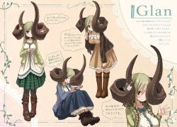 Rule 34 | 159cm, 1girl, animal ears, asymmetrical horns, blue skirt, blush, boots, braid, breasts, brown dress, brown footwear, brown jacket, closed mouth, dress, glan (159cm), green hair, green jacket, grey pantyhose, hand up, horn flower, horns, huge horns, jacket, large breasts, leaning forward, long hair, long skirt, long sleeves, looking at viewer, multiple views, open clothes, open jacket, original, pantyhose, pigeon-toed, sitting, skirt, smile, standing, translation request, twin braids, yellow eyes