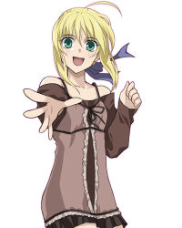 Rule 34 | 1girl, ahoge, artoria pendragon (all), artoria pendragon (fate), bare shoulders, blonde hair, camisole, casual, fate/hollow ataraxia, fate (series), green eyes, hair ribbon, looking at viewer, lowres, nina (pastime), official alternate costume, outstretched hand, ribbon, saber (fate), solo