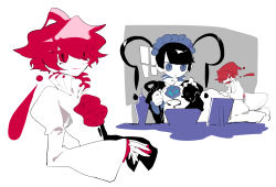 Rule 34 | !, !!, 1boy, 1girl, ?, apios, apron, bed, black dress, black hair, blue flower, blue rose, blunt bangs, breasts, character request, closed mouth, copyright request, dress, eyes visible through hair, flower, frilled shirt collar, frilled sleeves, frills, hair over one eye, hands up, happy, hat, highres, holding, indoors, juliet sleeves, long hair, long sleeves, looking at another, looking at viewer, maid, maid headdress, matching hair/eyes, multiple views, nightcap, on bed, open mouth, own hands together, picture frame, pillow, puffy sleeves, red eyes, red flower, red hair, red headwear, red rose, rose, shirt, short hair, sidelocks, sketch, small breasts, smile, surprised, sweat, twintails, under covers, upper body, white apron, white shirt, wide-eyed
