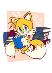 Rule 34 | 1boy, animal ears, animal nose, artist name, blue eyes, blush, book, border, commentary request, fox boy, fox ears, fox tail, furry, furry male, gloves, hands up, highres, holding, holding book, looking at viewer, male focus, misuta710, multiple tails, open book, outside border, pink background, red footwear, seiza, shoes, simple background, sitting, smile, sneakers, socks, solo, sonic (series), tail, tails (sonic), teeth, two tails, watermark, white border, white gloves, white socks, yellow fur