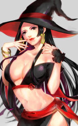 Rule 34 | 1girl, black hair, boa hancock, bracelet, breasts, earrings, fushi-kun (prpky), hat, jewelry, lipstick, long hair, looking at viewer, lots of jewelry, makeup, midriff, nail polish, navel, one piece, red lips, red nails, solo, very long hair, witch hat