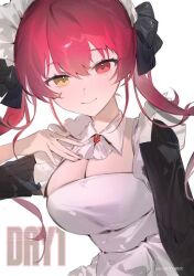 Rule 34 | 1girl, apron, breasts, cleavage, detached collar, english text, eyelashes, frilled apron, frills, hair between eyes, hand on own chest, heterochromia, hololive, houshou marine, long hair, maid, maid apron, maid headdress, medium breasts, ranqi070, red eyes, red hair, smile, solo, twintails, upper body, virtual youtuber, white background, yellow eyes