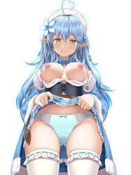 Rule 34 | 1girl, ahoge, bare shoulders, belt, beret, black corset, blouse, blue bow, blue bowtie, blue coat, blue hair, blue skirt, blush, bow, bowtie, braid, breasts, breasts out, brown belt, center frills, closed mouth, clothes lift, coat, colored tips, corset, elf, flower, frilled shirt, frilled skirt, frilled thighhighs, frills, from below, fur-trimmed coat, fur trim, hair between eyes, hair flower, hair ornament, hat, heart, heart ahoge, hololive, large breasts, leather belt, lifted by self, long hair, looking at viewer, looking down, multicolored hair, nipples, off shoulder, panties, pleated skirt, pointy ears, shirt, simple background, skirt, skirt lift, sleeveless, sleeveless shirt, smile, snowflake hair ornament, snowflake print, solo, standing, streaked hair, thighhighs, underwear, very long hair, vierosky, virtual youtuber, white background, white hat, white shirt, white thighhighs, yellow eyes, yukihana lamy
