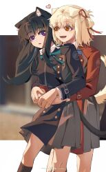 Rule 34 | 2girls, absurdres, animal ears, black dress, black hair, blonde hair, blurry, blurry background, cat ears, cat tail, chinese commentary, commentary request, cowboy shot, dog ears, dog tail, dress, hair ribbon, heart, highres, holding hands, hug, hug from behind, inoue takina, kemonomimi mode, long hair, long sleeves, lycoris recoil, lycoris uniform, medium hair, multiple girls, nishikigi chisato, one side up, parted lips, purple eyes, red dress, red eyes, red ribbon, ribbon, smile, tail, white background, yanlingjinshilihuahua, yuri