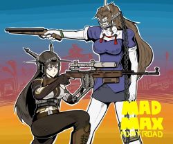 Rule 34 | 10s, ashigara (kancolle), atee (ate robo521), black hair, boots, breasts, brown hair, commentary request, dress, elbow gloves, gloves, gun, hairband, headgear, kantai collection, knee boots, large breasts, long hair, mad max, mad max: fury road, mask, mouth mask, muzzle, nagato (kancolle), pants, pantyhose, rifle, sawed-off shotgun, scope, shotgun, sks, translation request, weapon