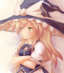 Rule 34 | 1girl, :t, blonde hair, bow, bowtie, buttons, crossed arms, female focus, gradient background, hat, hat ribbon, highres, kirisame marisa, long hair, looking away, matamataro, pout, puffy short sleeves, puffy sleeves, ribbon, short sleeves, solo, touhou, upper body, vest, witch hat, yellow eyes