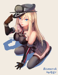 Rule 34 | 10s, 1girl, absurdres, anchor hair ornament, bare shoulders, bismarck (kancolle), blonde hair, blue eyes, breasts, brown gloves, cross, detached sleeves, gloves, grey thighhighs, hair ornament, hat, highres, iron cross, kantai collection, kelang, large breasts, long hair, military, military hat, military uniform, peaked cap, solo, thighhighs, uniform