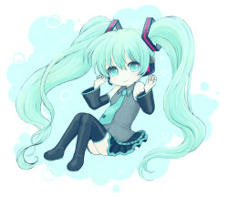 Rule 34 | bad id, bad pixiv id, boots, detached sleeves, green eyes, green hair, hatsune miku, headset, long hair, necktie, skirt, solo, tayu, thigh boots, thighhighs, very long hair, vocaloid, zettai ryouiki
