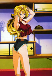 Rule 34 | 1990s (style), 1girl, arms behind head, arms up, blonde hair, blue eyes, christine garland, cropped shirt, denim, denim shorts, feet out of frame, highres, indoors, long hair, micro shorts, midriff, non-web source, official art, retro artstyle, scan, shorts, solo, standing, super real mahjong, tanaka ryou, twisted torso