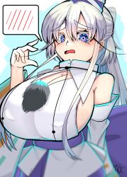 Rule 34 | 1girl, absurdres, blurry, blurry background, blush, breasts, detached sleeves, hat, highres, huge breasts, kaitojaja19980520, long eyebrows, long hair, looking at viewer, mini hat, mononobe no futo, shirt, sideboob, signature, simple background, solo, speech bubble, touhou, white hair, white shirt