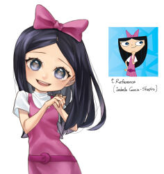 Rule 34 | 1girl, absurdres, belt, black hair, blue eyes, bow, chicken31, child, dress, hair bow, happy, highres, isabella garcia-shapiro, long hair, open mouth, phineas and ferb, pink belt, pink bow, pink dress, shirt, smile, white shirt