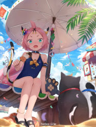Rule 34 | 1girl, animal, animal ear fluff, animal ears, arm support, artist name, bangs pinned back, bare shoulders, beach, beach umbrella, bird, black cat, black footwear, blue sky, blue one-piece swimsuit, blurry, blurry foreground, casual one-piece swimsuit, cat, cat ears, cat girl, cat tail, cloud, cloudy sky, commentary request, day, definitely not bar food! (genshin impact), depth of field, diona (genshin impact), fang, food, food on face, frilled swimsuit, frills, genshin impact, green eyes, holding, holding food, liclac, one-piece swimsuit, open mouth, outdoors, pink hair, sand, sandals, short eyebrows, sitting, sky, solo, string of flags, swimsuit, tail, tail raised, thick eyebrows, umbrella