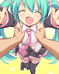 Rule 34 | 1girl, ^ ^, alternate color, alternate costume, aqua hair, bad id, bad pixiv id, child, closed eyes, detached sleeves, eeeeee, fang, flat chest, hair bobbles, hair ornament, happy, hatsune miku, holding, incoming hug, jpeg artifacts, long hair, necktie, open mouth, outstretched arms, petite miku, pov, reaching, reaching towards viewer, smile, solo focus, thighhighs, twintails, very long hair, vocaloid, zettai ryouiki