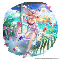 Rule 34 | 1girl, against railing, alternate costume, anzumame, arm support, beach, bikini, blonde hair, bow, breasts, bush, choker, cleavage, closed umbrella, cloud, commentary request, detached sleeves, diffraction spikes, floating hair, flower, frilled bikini, frills, gradient sarong, hair bow, hand on headwear, hat, hat flower, hibiscus, highres, large breasts, leaning on object, leg up, lens flare, light particles, linea alba, long hair, looking at viewer, low-tied long hair, navel, official art, outdoors, petals, pink flower, plant, purple bikini, purple eyes, purple sarong, railing, red bow, red flower, ribbon choker, sandals, sarong, scrunchie, sidelocks, solo, stomach, sun hat, sunlight, swimsuit, touhou, touhou arcadia record, tropical drink, umbrella, water, white hat, white sarong, wrist scrunchie, yakumo yukari