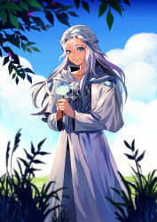 Rule 34 | 1girl, absurdres, blue eyes, blue sky, braid, capelet, cloud, collarbone, day, feet out of frame, final fantasy, final fantasy xiv, flower, glowing, glowing flower, glowing petals, grass, grey capelet, grey hair, grey robe, grin, highres, holding, holding flower, hood, hood down, hooded capelet, iceikory, leaf, long hair, long sleeves, looking at viewer, mask, unworn mask, outdoors, petals, robe, single braid, sky, smile, solo, standing, venat (ff14), white flower, wide sleeves