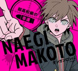 Rule 34 | 1boy, :o, black jacket, brown eyes, brown hair, bullet, character name, commentary request, copyright name, danganronpa: trigger happy havoc, danganronpa (series), green hoodie, halftone, hood, hood down, hoodie, index finger raised, jacket, long sleeves, looking at viewer, male focus, naegi makoto, open clothes, open jacket, open mouth, pink background, pointing, pointing at viewer, polka dot, polka dot background, short hair, simple background, solo, teeth, tege (tege xxx), translation request, upper body, upper teeth only, zipper