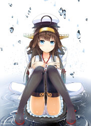 Rule 34 | 10s, 1boy, 1girl, admiral (kancolle), ahoge, back-to-back, black footwear, black thighhighs, boots, brown hair, detached sleeves, gradient background, hairband, hat, japanese clothes, kantai collection, kongou (kancolle), long hair, military, military uniform, myuton, nontraditional miko, panties, pantyshot, remodel (kantai collection), thigh boots, thighhighs, underwear, uniform, water drop