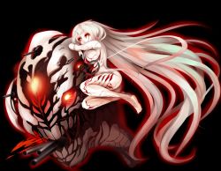 Rule 34 | 10s, 1girl, absurdly long hair, abyssal ship, black background, blood, bloody tears, breast press, breasts, central princess, colored skin, highres, horns, kantai collection, large breasts, long hair, looking at viewer, monster, nail polish, nude, red eyes, red nails, solo, sygnallost, tears, turret, veins, very long hair, white hair, white skin, yellow pupils