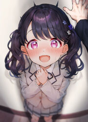 Rule 34 | 1boy, 1girl, black hair, blurry edges, blush, commentary, commentary request, dot nose, fangs, flower, fukumaru koito, grey jacket, grey skirt, hair flower, hair ornament, hand on wall, hands on own chest, height difference, highres, idolmaster, idolmaster shiny colors, indoors, jacket, kabedon, long hair, long sleeves, looking at viewer, open mouth, own hands together, pink eyes, pleated skirt, pov, producer (idolmaster), qianlou (qianlou12374), school uniform, skin fangs, skirt, surprised, sweat, trembling, twintails, wavy hair, wooden floor